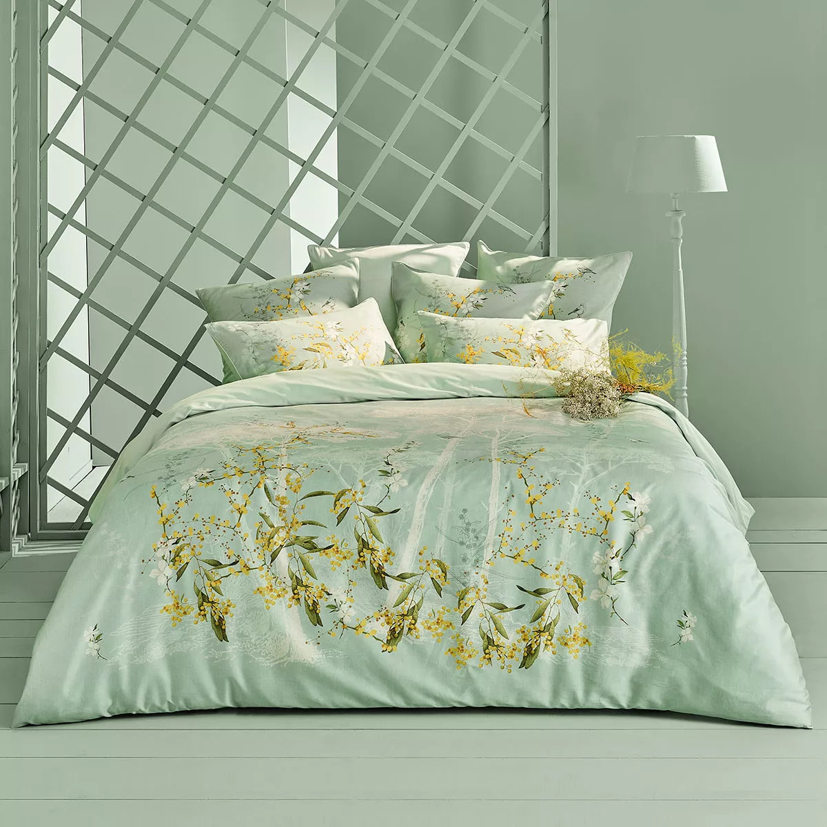Housse de couette satin de coton imprimé bleu Mimosas d'ete turquoise