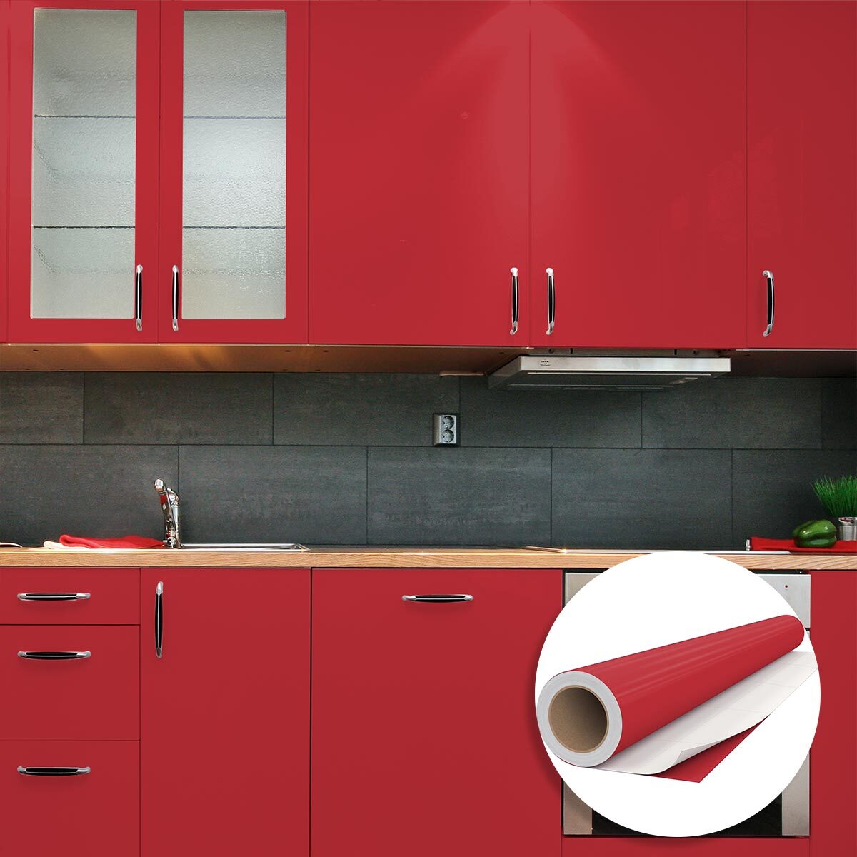Rouleau adhésif décoratif Vinyle au Mètre - Rouge cerise - Sticker Lavable Imperméable Mur Cuisine Meubles