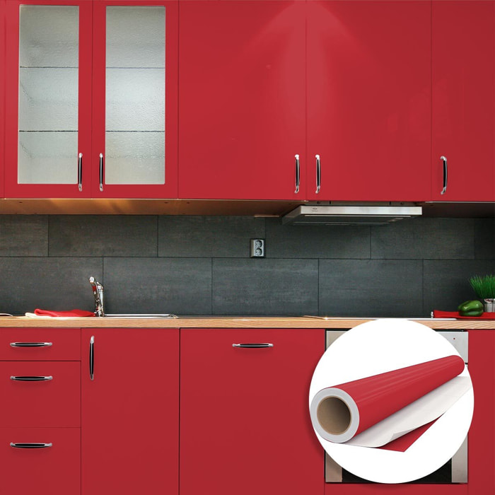 Rouleau adhésif décoratif Vinyle au Mètre - Rouge cerise - Sticker Lavable Imperméable Mur Cuisine Meubles
