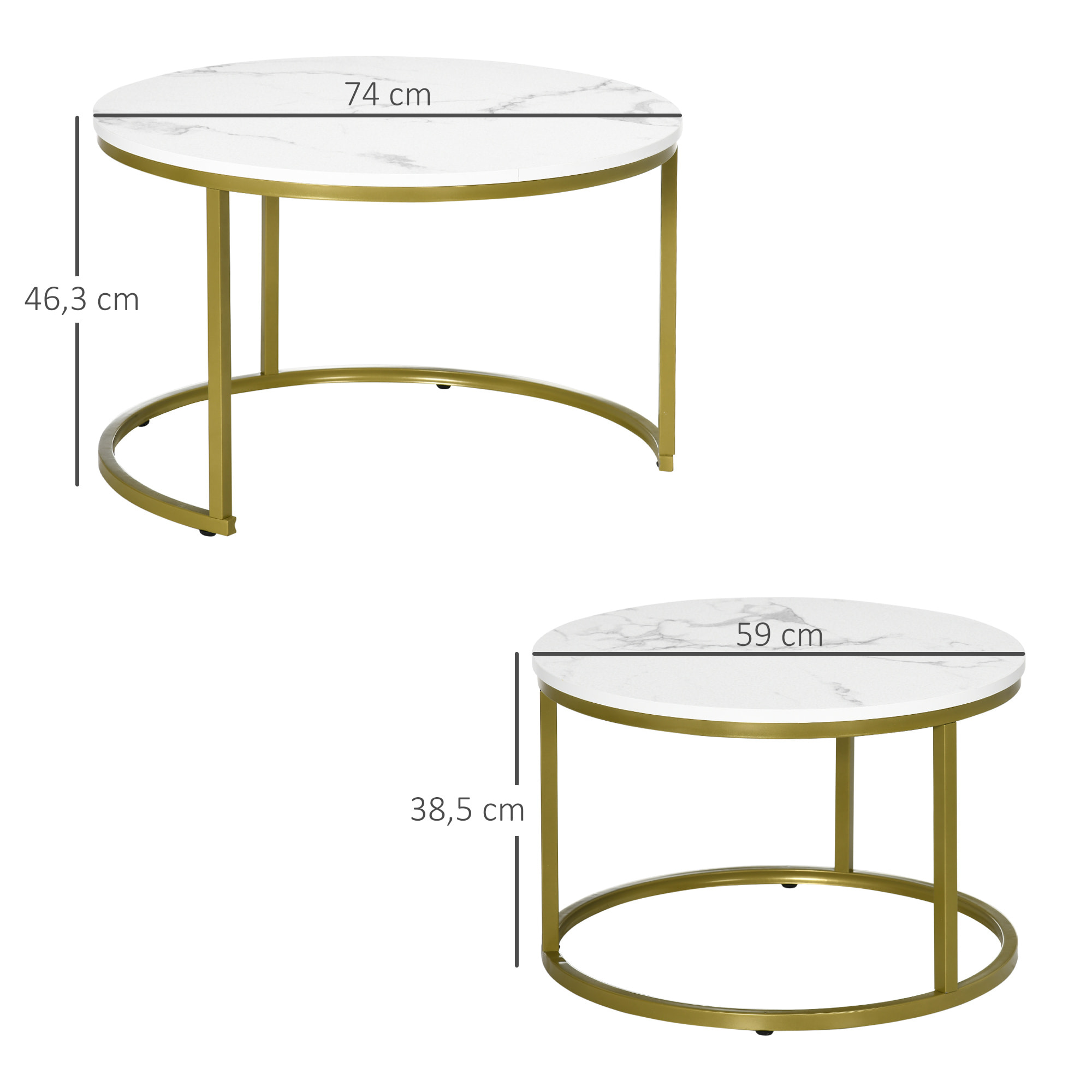 Lot de 2 tables basses gigognes rondes style art déco - acier doré panneaux aspect marbre blanc