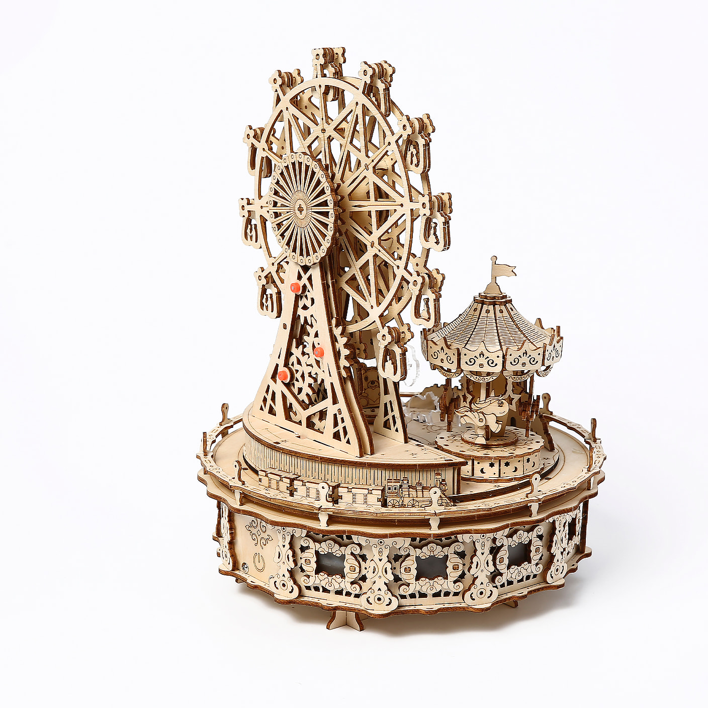 Maqueta de Madera 3D, con movimiento mecánico diseño Parque de atracciones de ensueño con luz y música. 370 piezas.