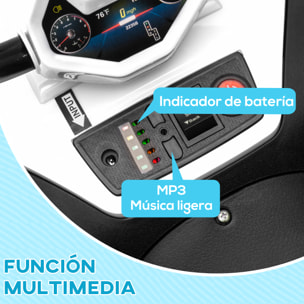 Quad Eléctrico para Niños de +3 Años Coche Eléctrico para Niños con Batería 12V Velocidad 5 km/h Faros Música MP3 Avance y Retroceso Carga 30 kg Blanco