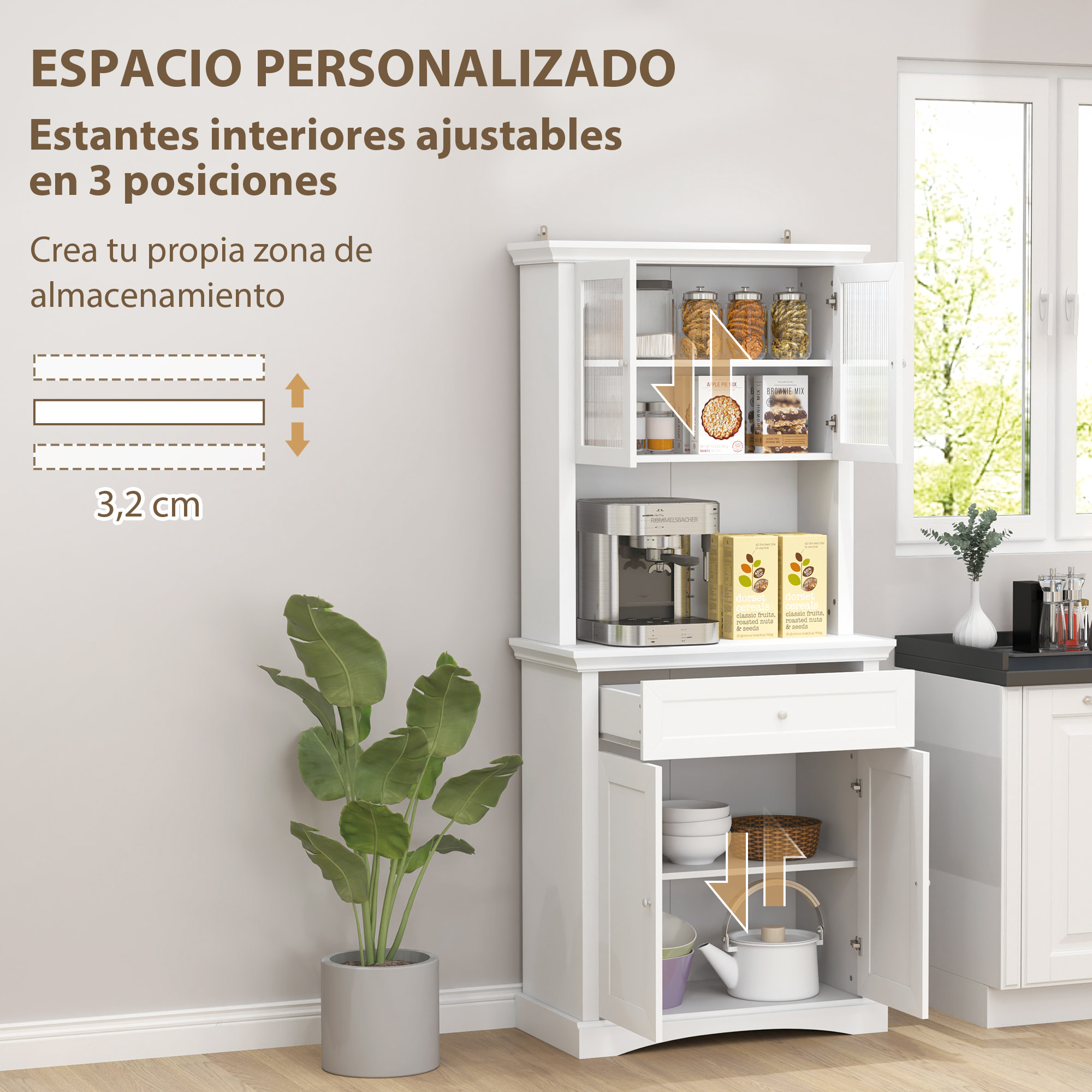Alacena de Cocina Moderna Armario de Cocina con 1 Cajón 2 Puertas de Vidrio y Estantes Ajustables Carga 50 kg para Comedor Salón 79x40x180 cm Blanco