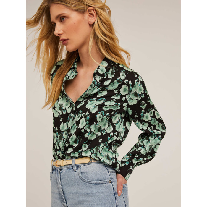 Motivi - Camicia in raso fantasia floreale - Verde