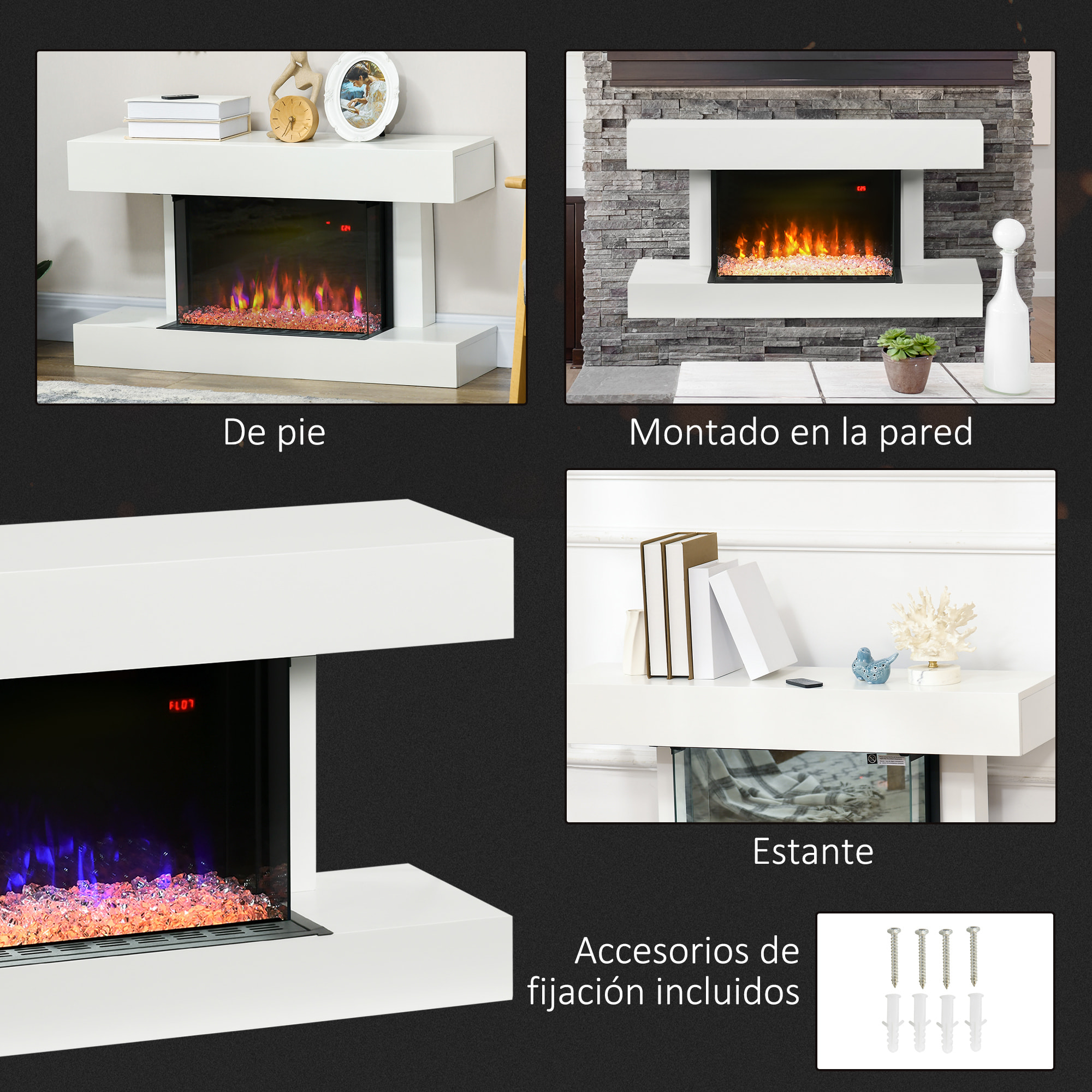 Chimenea Eléctrica 1000W/2000W Calentador de Chimenea Pared con Temperatura Ajustable Bajo Consumo Silencioso Temporizador y Control Remoto para Sala 15-25 m² 98x27x54,5 cm Blanco