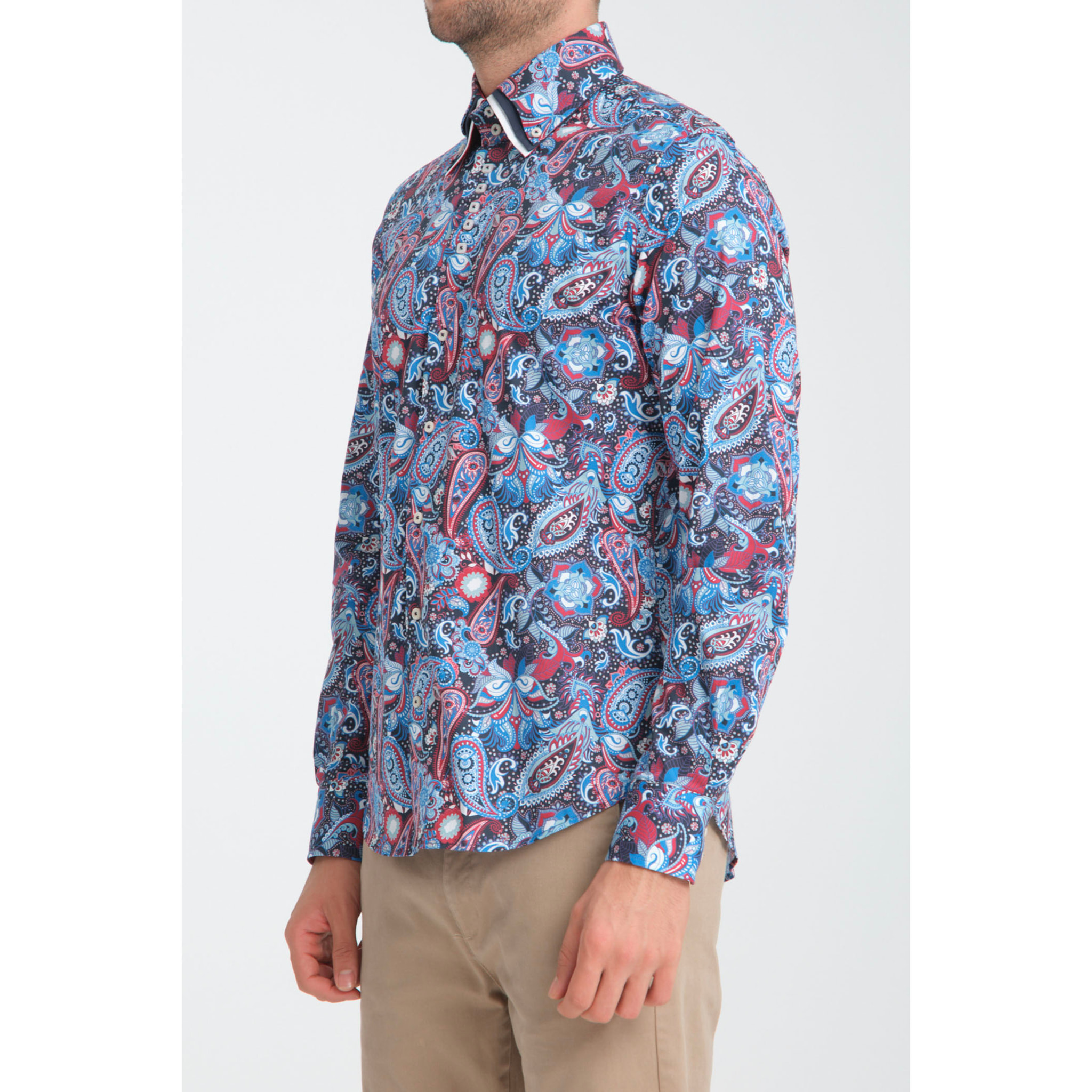 Camicia Uomo 2 Bottoni Button Down Triplo Collo Slim Popeline Stretch Stampato Bluette e Rosso