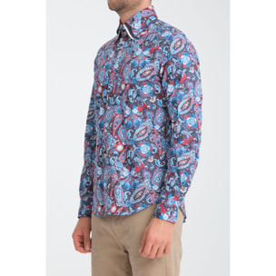 Camicia Uomo 2 Bottoni Button Down Triplo Collo Slim Popeline Stretch Stampato Bluette e Rosso