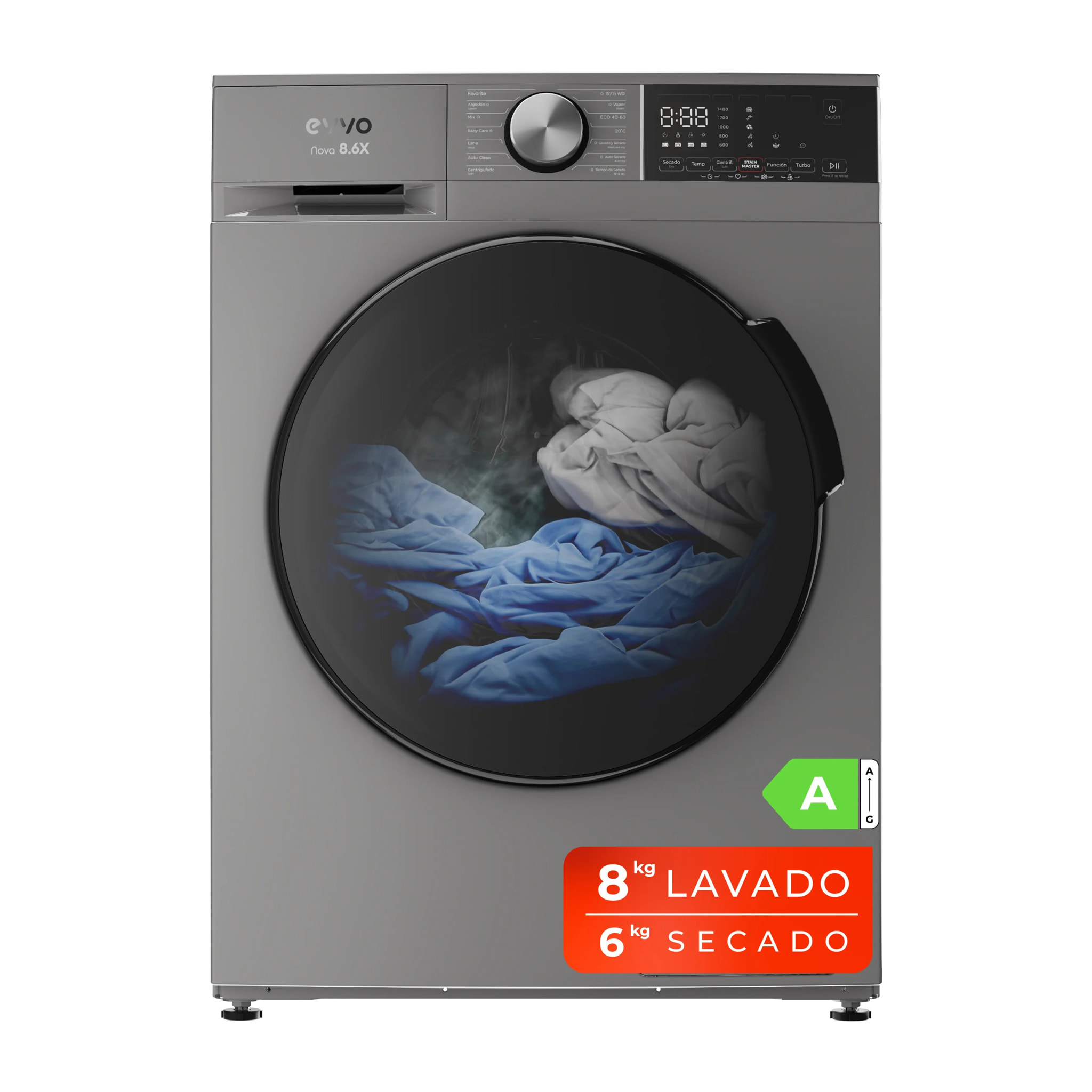 EVVO Lavadora-secadora Nova 8/6X, 8+6 kg, 1350 rpm, Clase A, inverter, vapor Steam Wash, ePROTECT, 14 programas, Smart LOAD, 15’ rápido, inox