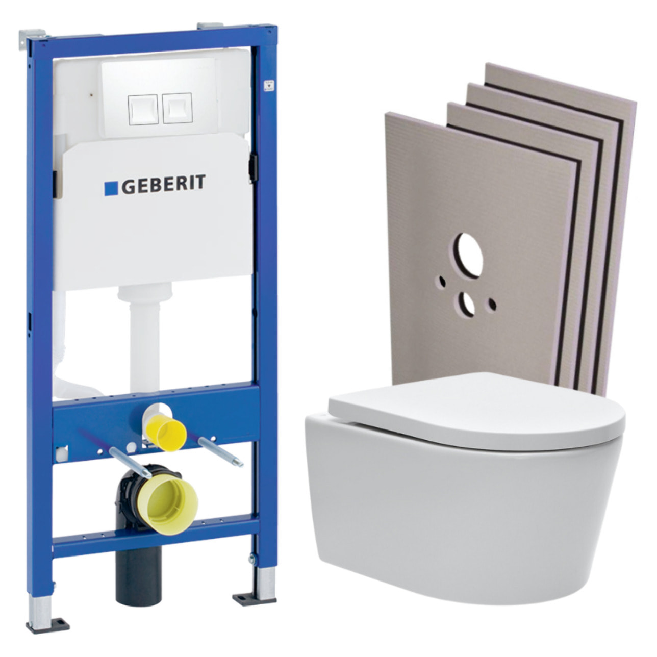 Pack WC sans bride SAT, fixations invisibles + Abattant softclose + Bâti support Geberit UP100 + Plaque blanche + Set Habillage