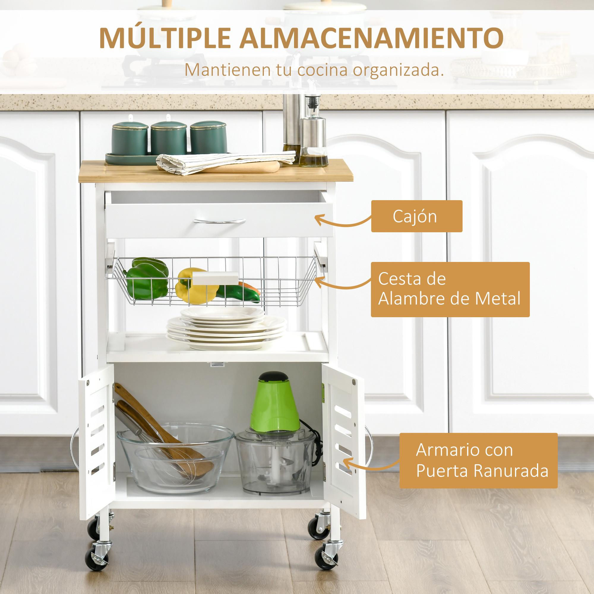 HOMCOM Carrito de Cocina con Ruedas Carro de Almacenamiento Multiuso con Encimera de Bambú Cajón Cesta Metálica y Armario de 2 Puertas de Persiana 58x37x83 cm Blanco