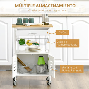 HOMCOM Carrito de Cocina con Ruedas Carro de Almacenamiento Multiuso con Encimera de Bambú Cajón Cesta Metálica y Armario de 2 Puertas de Persiana 58x37x83 cm Blanco