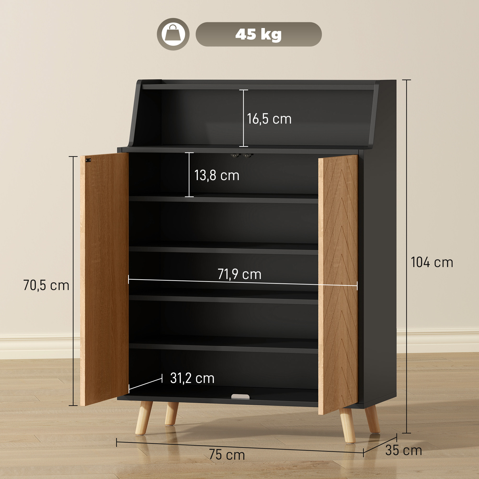 Zapatero de 2 Puertas en Espiga, Zapatero Entrada Recibidor con Estantes Ajustables, Compartimento Abierto y Patas de Madera, para 15 Pares de Zapatos, 75x35x104 cm, Negro y Natural