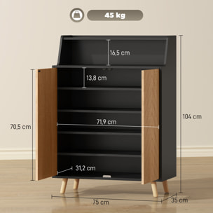 Zapatero de 2 Puertas en Espiga, Zapatero Entrada Recibidor con Estantes Ajustables, Compartimento Abierto y Patas de Madera, para 15 Pares de Zapatos, 75x35x104 cm, Negro y Natural