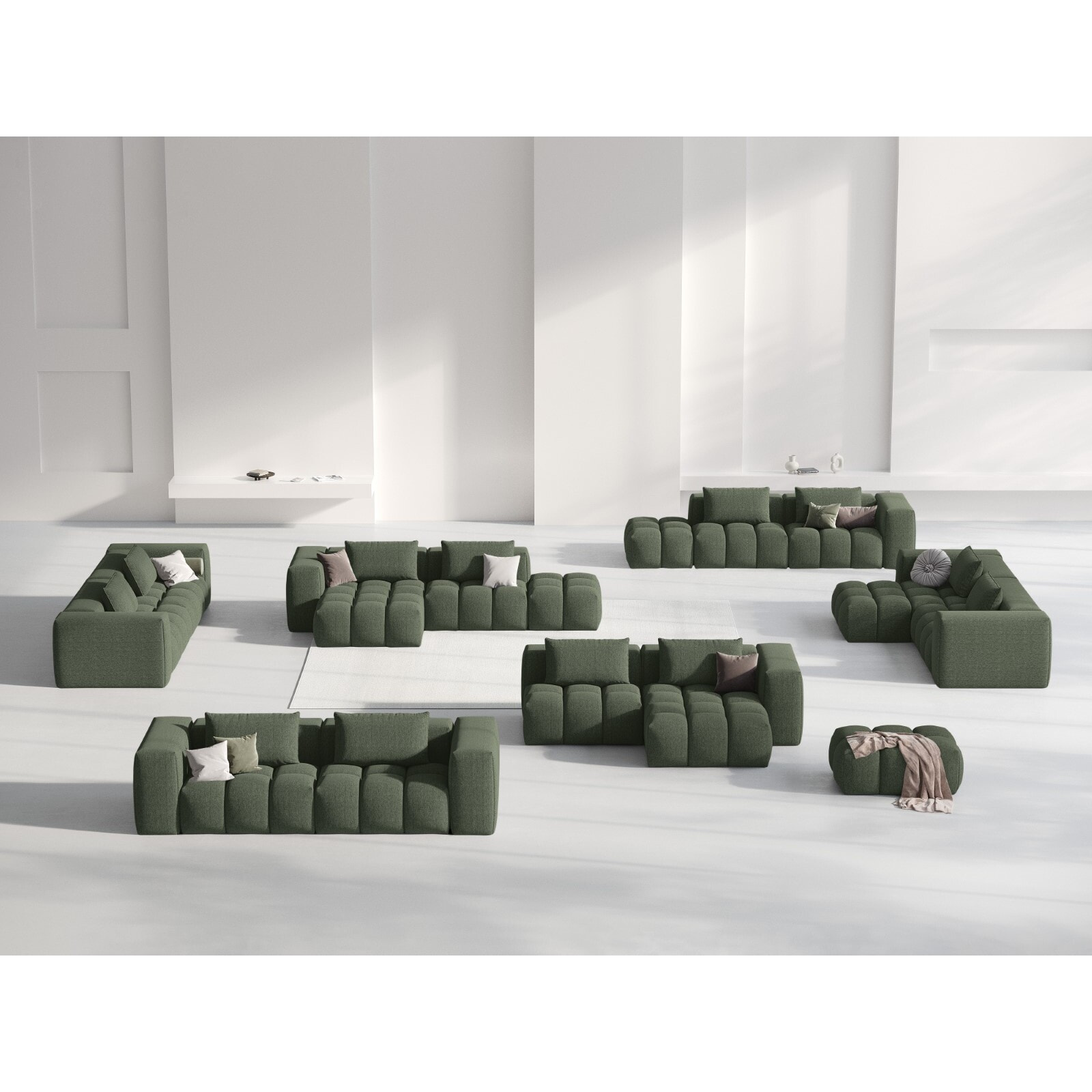 Canapé d'angle droit modulable "Lorella" 3 places en tissu structurel vert olive foncé