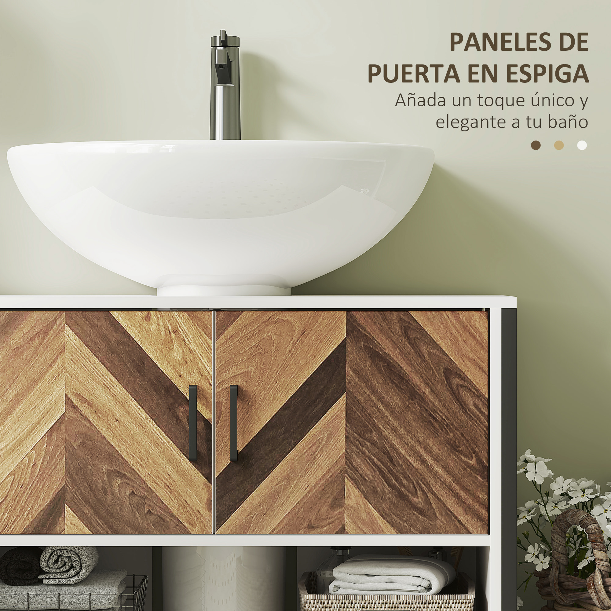 Mueble bajo Lavabo Mueble de Lavabo con Pie Mueble de Baño con 2 Puertas Patrón en Espiga y Compartimento Abierto para Lavabo con Pedestal o con Pie 80x40x60 cm Crema y Nogal