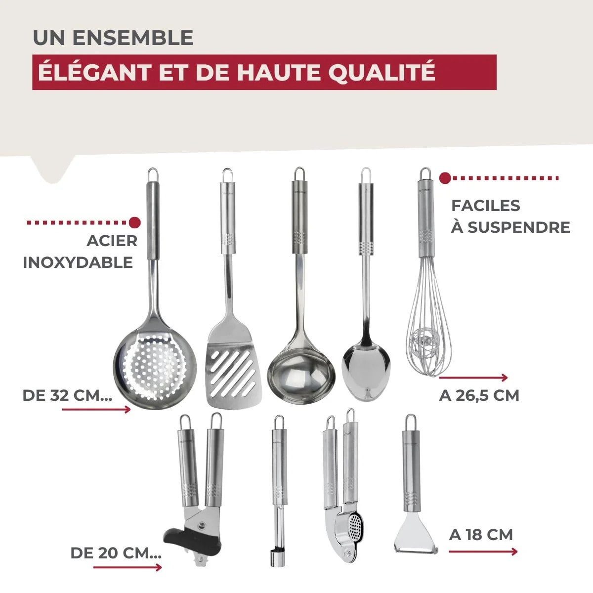 Ensemble de 9 ustensiles de cuisine inox Fackelmann Ovale