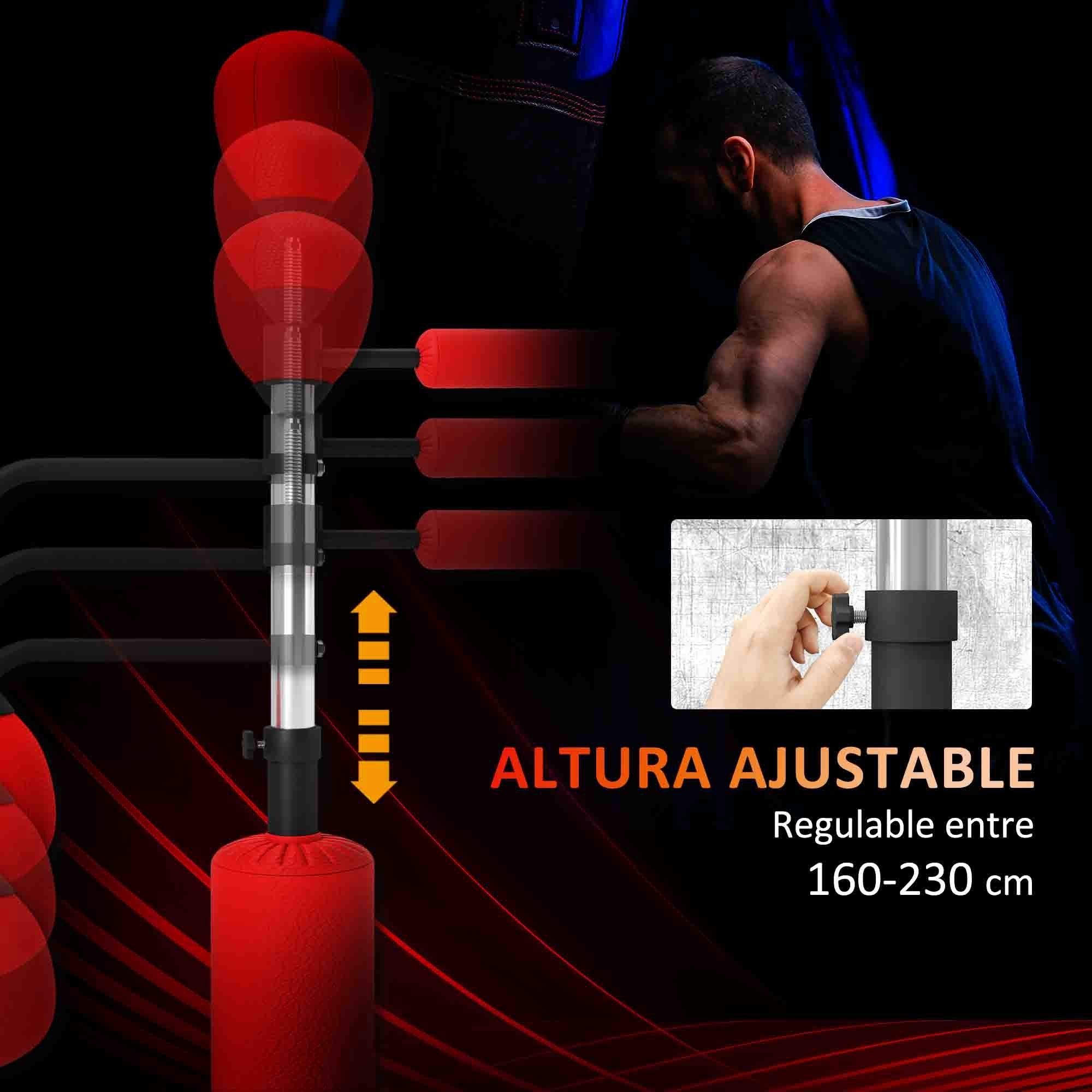 Saco de Boxeo de Pie, 160-230 cm, Saco de Boxeo con Barra Giratoria de 360°, 2 Bolas de Velocidad y Base Rellenable, Punching Ball para Adultos y Niños, Entrenamiento MMA, Muay Thai, Rojo