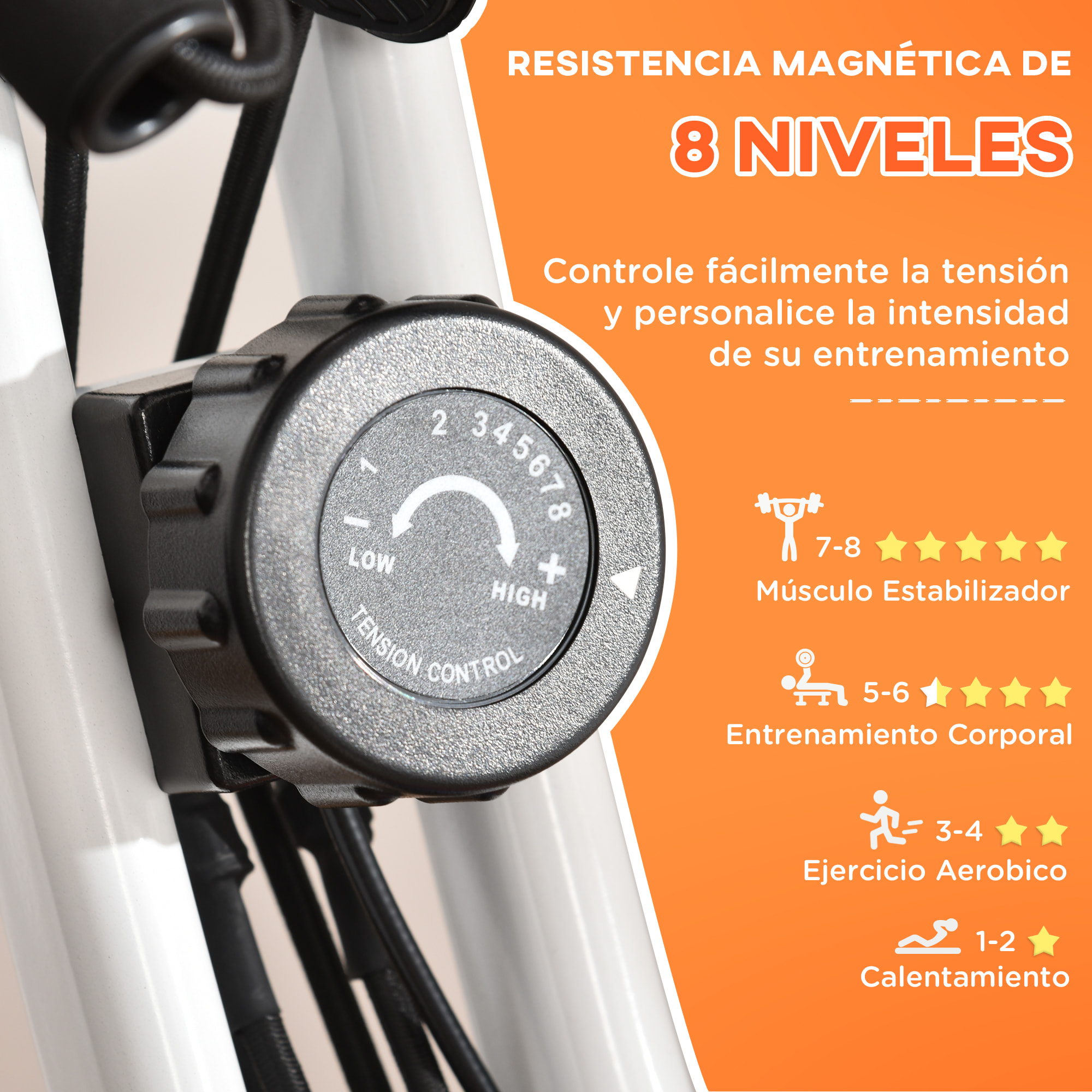 Bicicleta Estatica Plegable 3 en 1 con Respaldo y 8 Niveles Resistencia Magnética Bicicleta Estatica en Casa Ajustable con Monitor LCD Volante Banda Sensor de Pulso Soporte de Teléfono Naranja