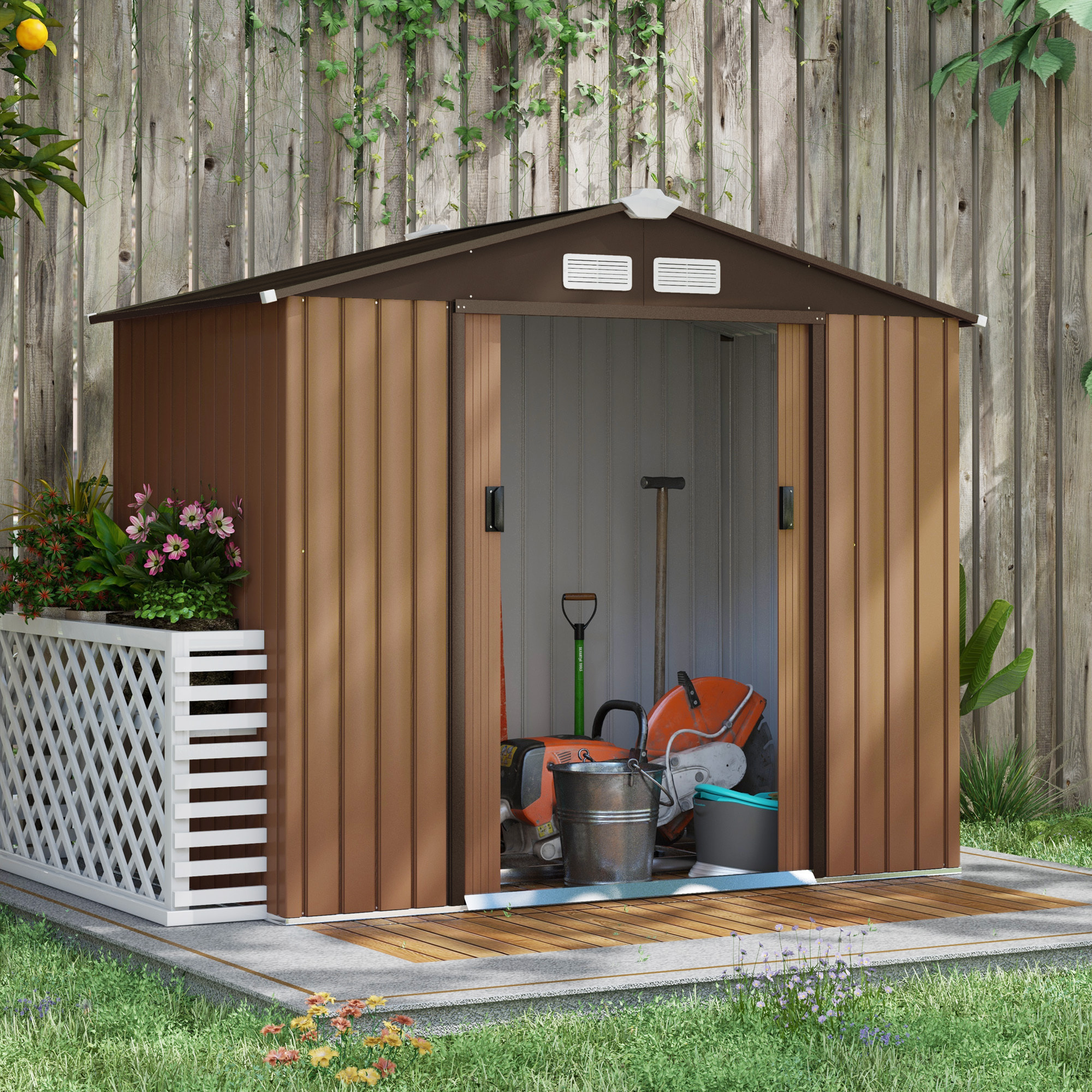 Abri de jardin - remise pour outils - cabanon porte verrouillable - dim. 213L x 130l x 185H cm - tôle d'acier café chocolat