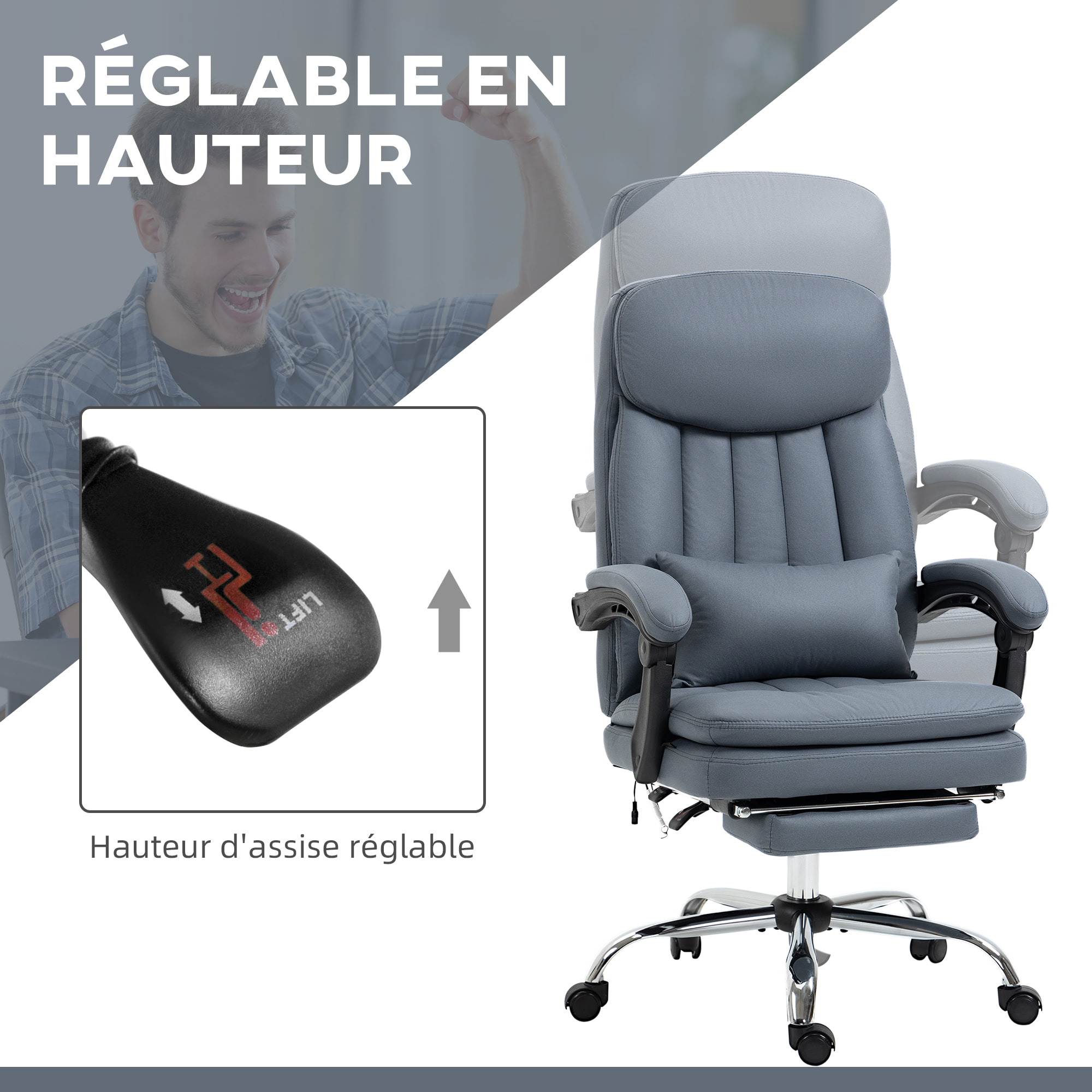 Fauteuil de bureau direction massant chauffant inclinable réglable repose-pied intégré tissu technique bleu