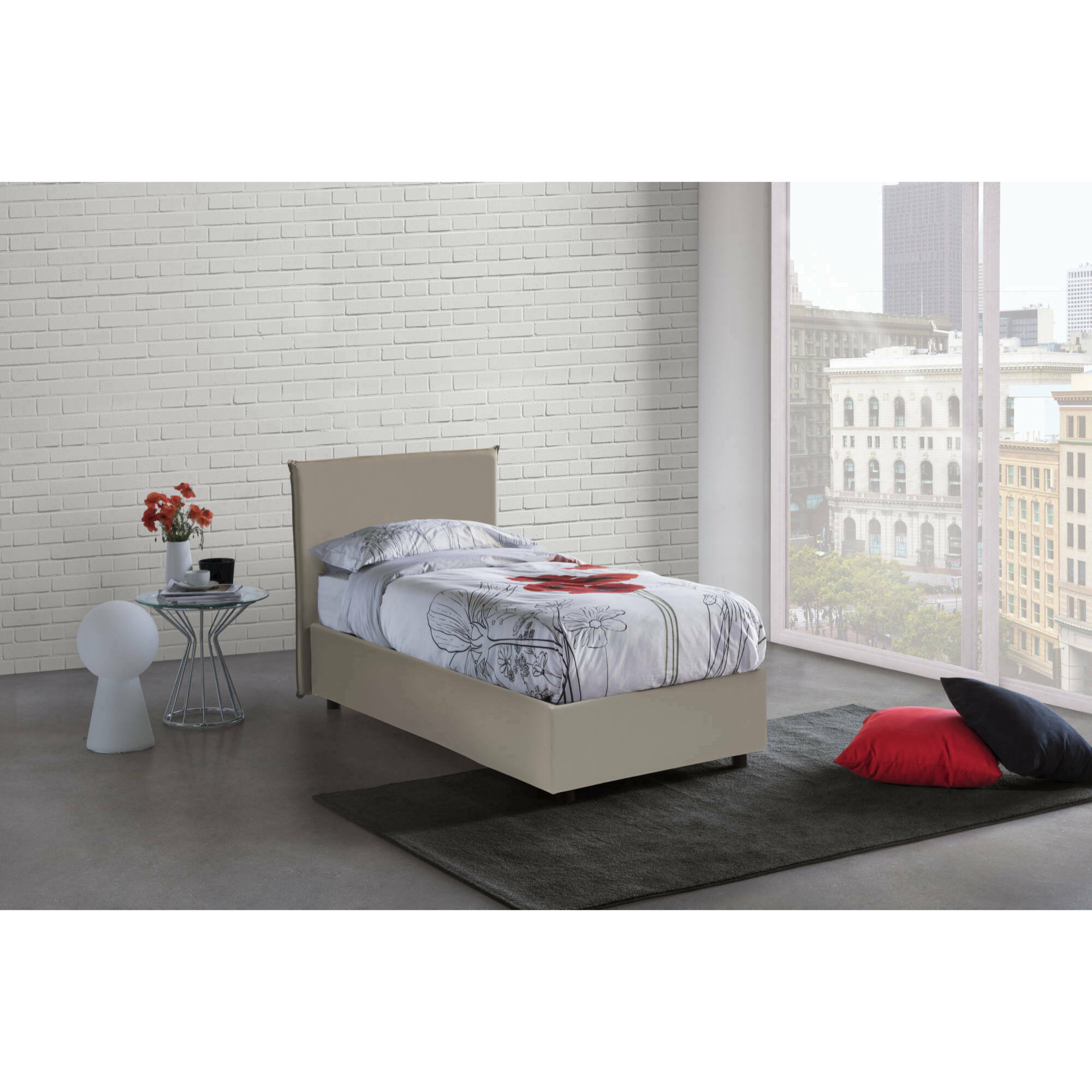 Letto singolo Grecale, Letto contenitore con rivestimento in ecopelle, 100% Made in Italy, Apertura laterale, adatto per materasso Cm 80x190, Tortora