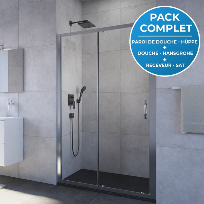 Pack douche : Porte coulissante 120cm + Set de douche tout en 1 + Receveur 120x80cm Noir