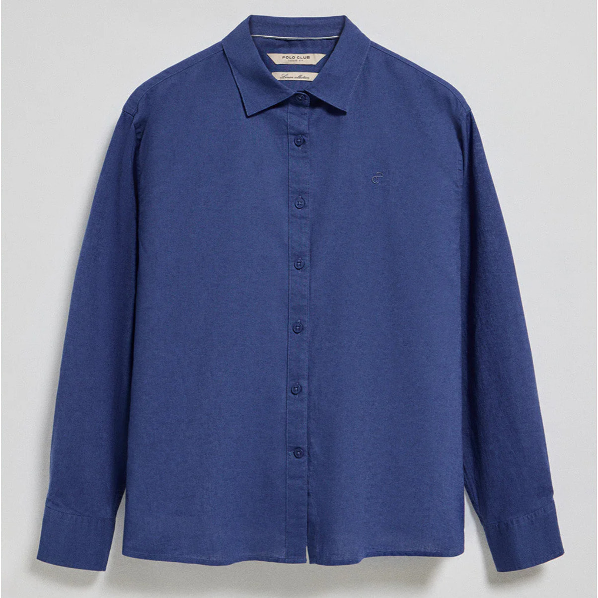 Camisa azul royal loose fit de lino y algodón con monograma bordado