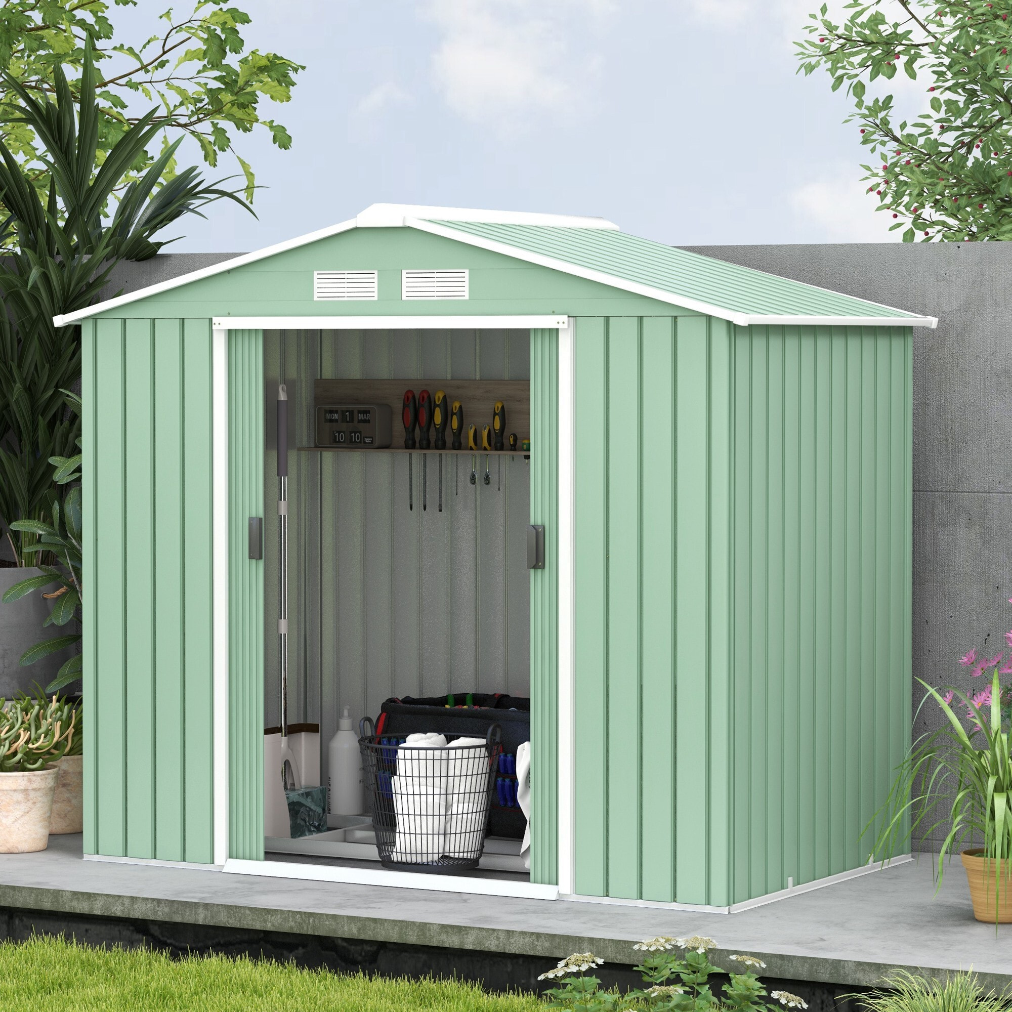 Abri de jardin - remise pour outils - cabanon porte verrouillable - dim. 213L x 130l x 185H cm - tôle d'acier vert pastel