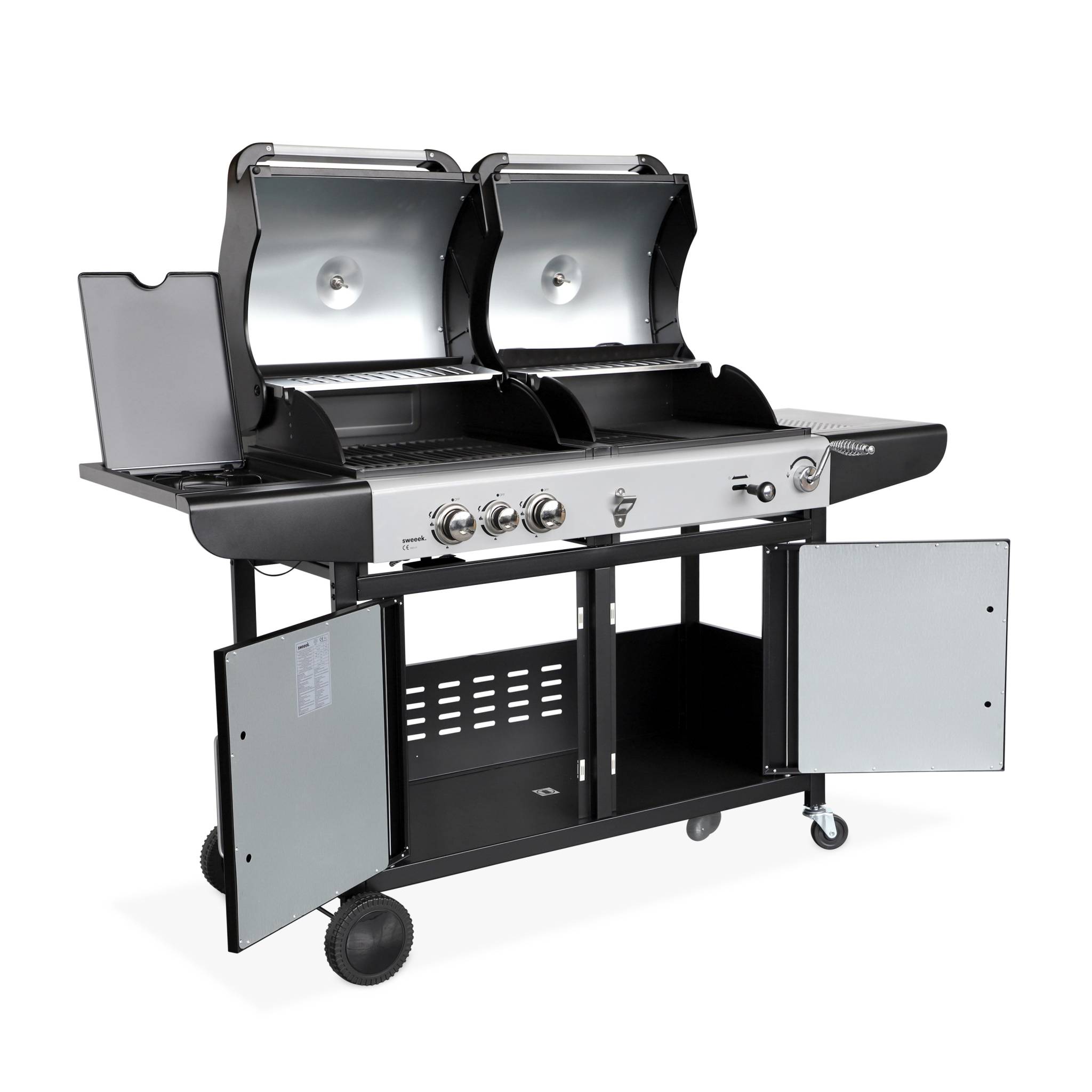 Barbecue 2 en 1 gaz et charbon, 3 brûleurs + 1 feu latéral, grill et fumoir avec tablettes et housse MARSAC AVEC HOUSSE