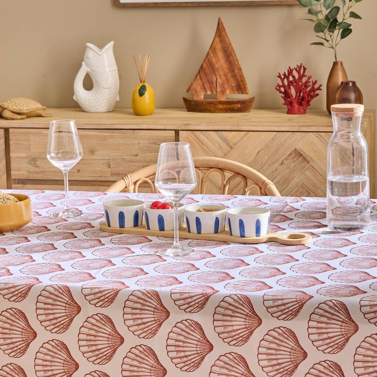 Nappe Oceania 300x150cm terracotta imprimé coquillage