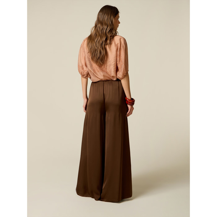 Oltre - Pantalones palazzo en raso de viscosa - Marrón