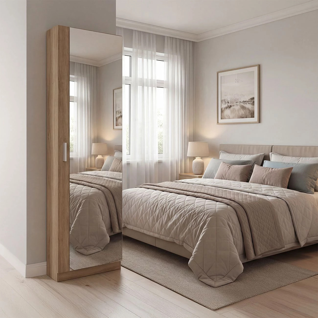 Zapatero alto de 1 puerta con espejo en roble canadian 180x50 cm Roma Roble Canadian