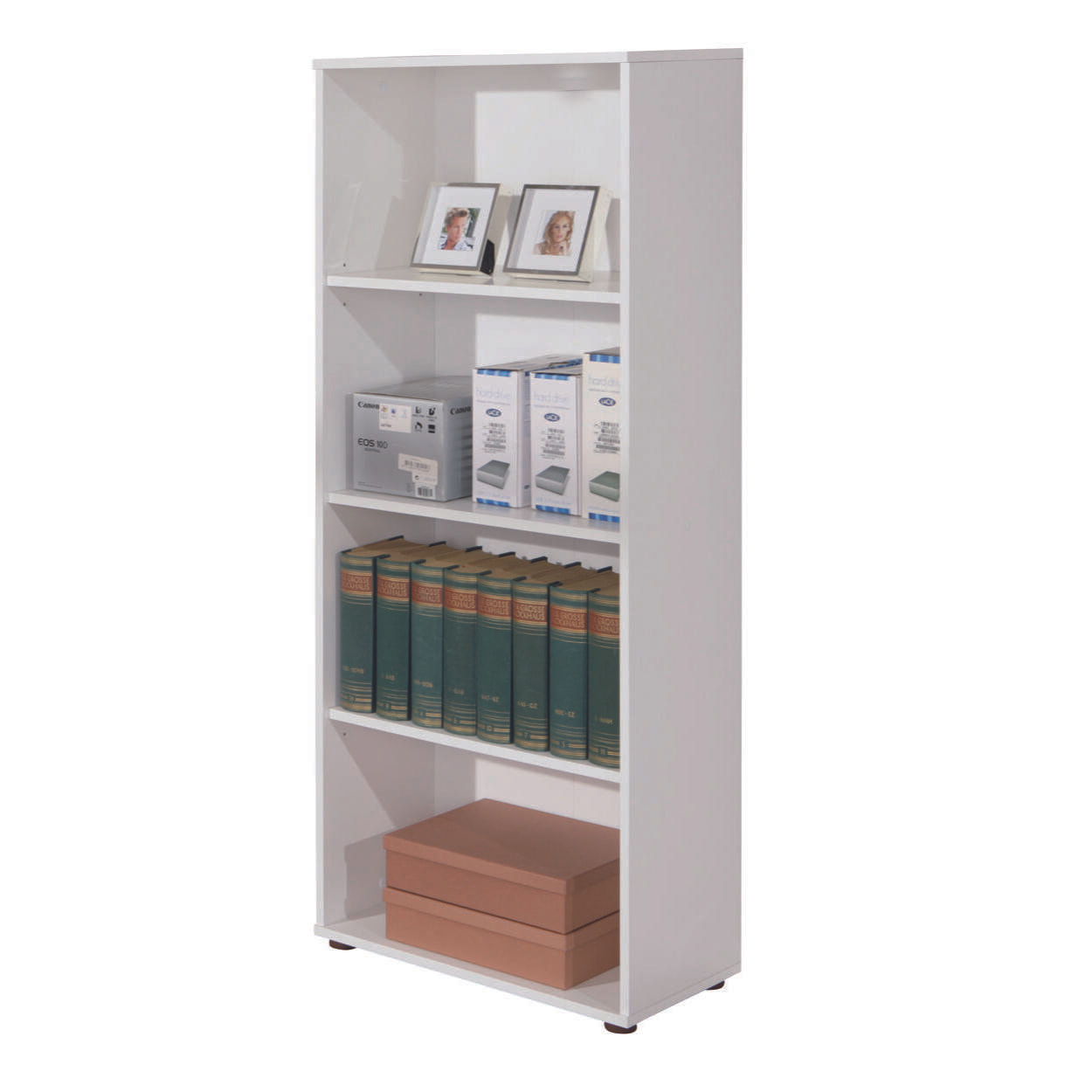 Libreria con quattro ripiani, colore bianco, cm 60 x 145 x 30