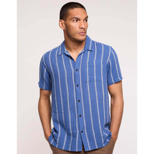 Camisa Manga Corta con Lino Azul Oscuro Rayas - Selvaire