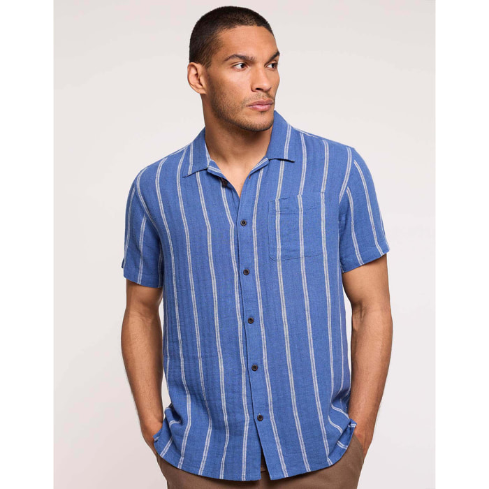 Camisa Manga Corta con Lino Azul Oscuro Rayas - Selvaire