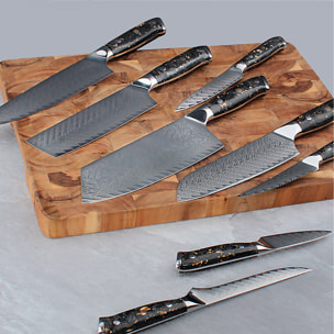 Set de cuchillos de cocina 8 en 1 estilo Damasco con diseño elegante y mango de resina de fibra de carbono.