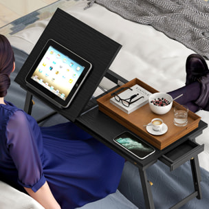Mesa Reclinable para Cama y Sofá, Bandeja Plegable con Cajón Lateral, para Ordenador Portátil y Libros, con Cinco Alturas, Patas Ajustables, Mesita Auxiliar de Bambú y MDF, 83,5x33x34 cm, Negro
