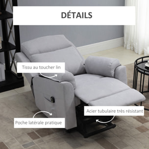 Fauteuil de relaxation électrique - fauteuil releveur inclinable avec repose-pied ajustable et télécommande - tissu aspect lin gris clair