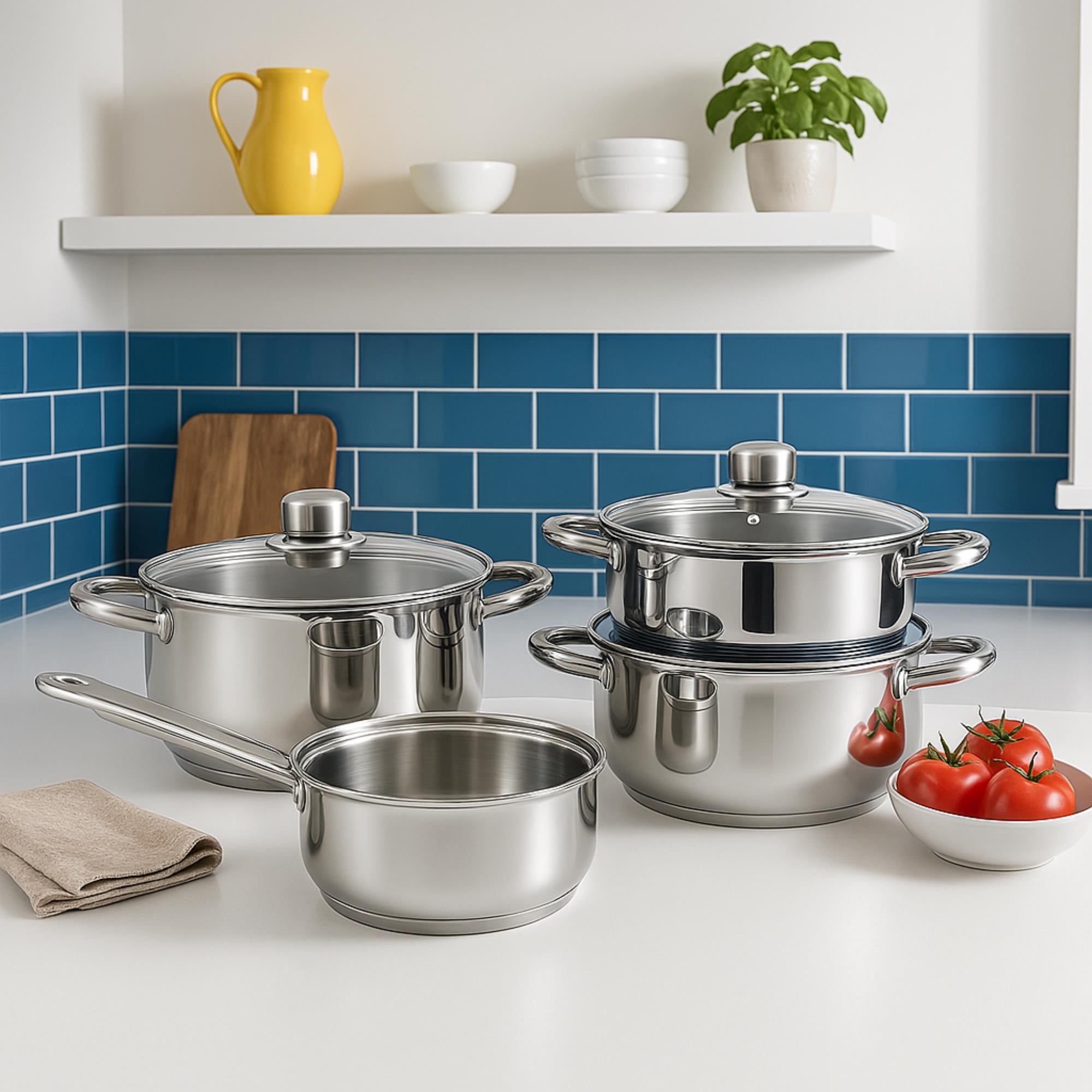 set de batería de cocina de 7 piezas y sartenes en acero inoxidable ø20 y ø24 x5cm, aptas para inducción y sin antiadherente