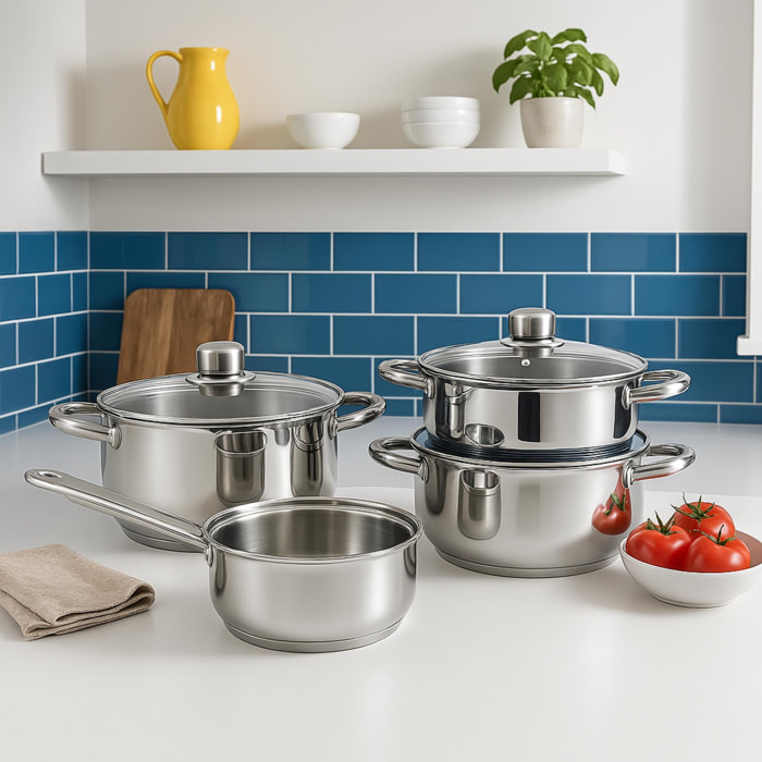 set de batería de cocina de 7 piezas y sartenes en acero inoxidable ø20 y ø24 x5cm, aptas para inducción y sin antiadherente