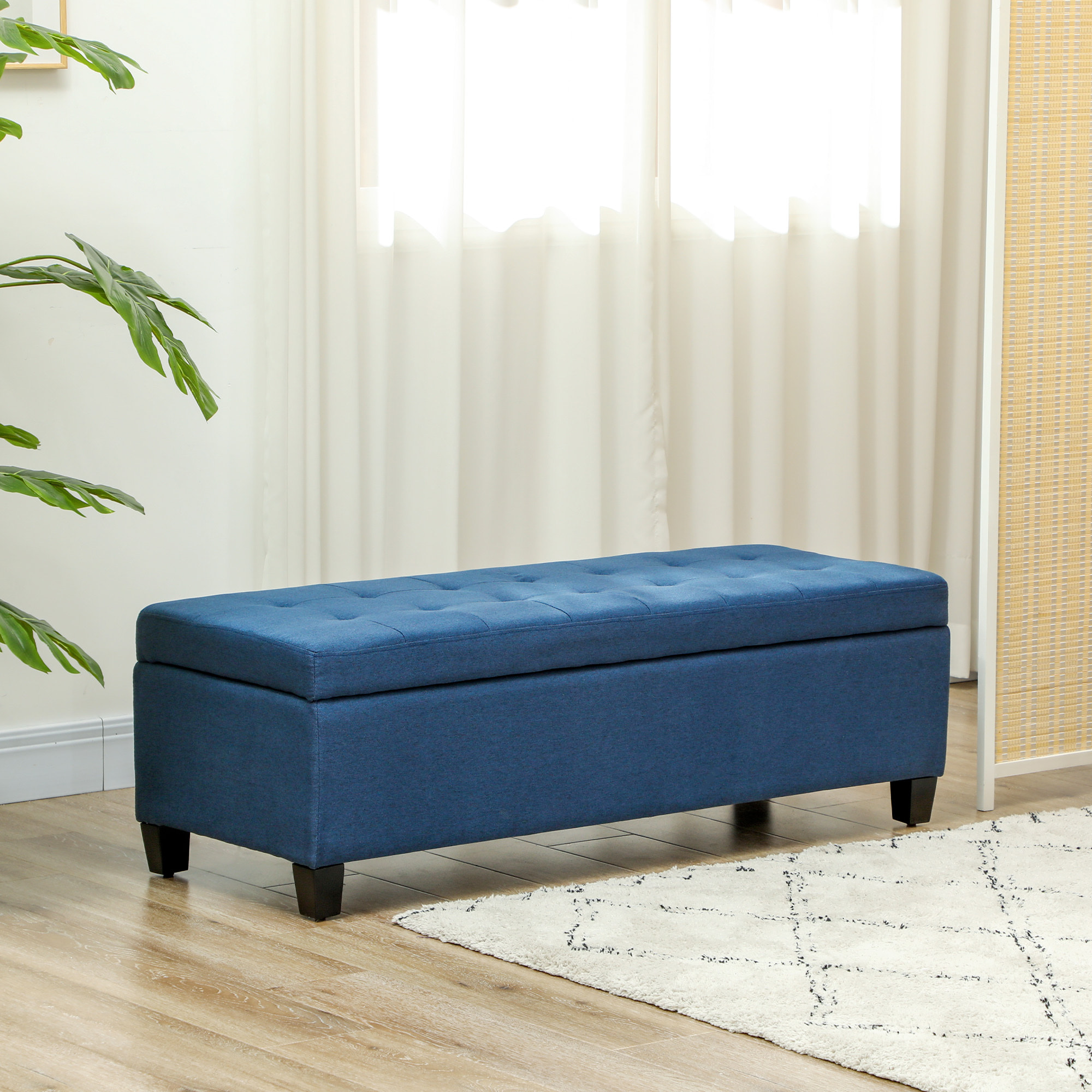 Banquette coffre style Chersterfield siège capitonné tissu pieds bois dim. 125 x 49 x 41 cm bleu