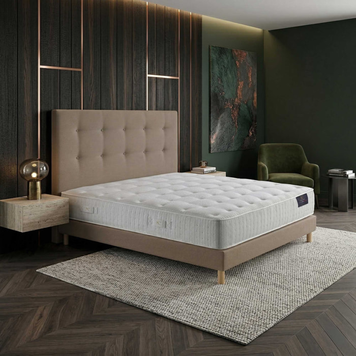 Ensemble HÉCATE + tête de lit capitonnée - Matelas ressorts ensachés et Mémoire de forme 26 cm - sommier et tête de lit taupe
