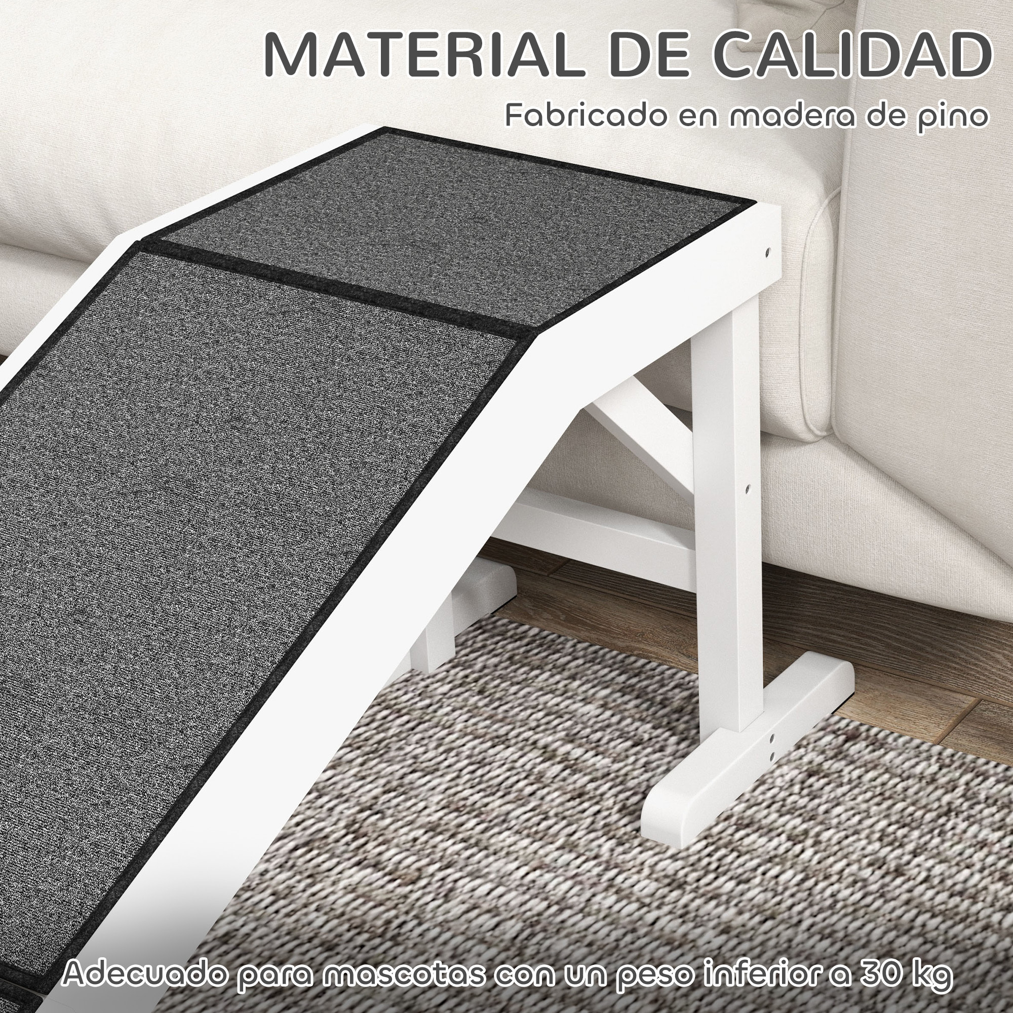 Rampa para Perros de Madera Rampa para Mascotas con Alfombra Antideslizante para Perros Pequeños Medianos y Grandes 152x40x50 cm Blanco y Gris