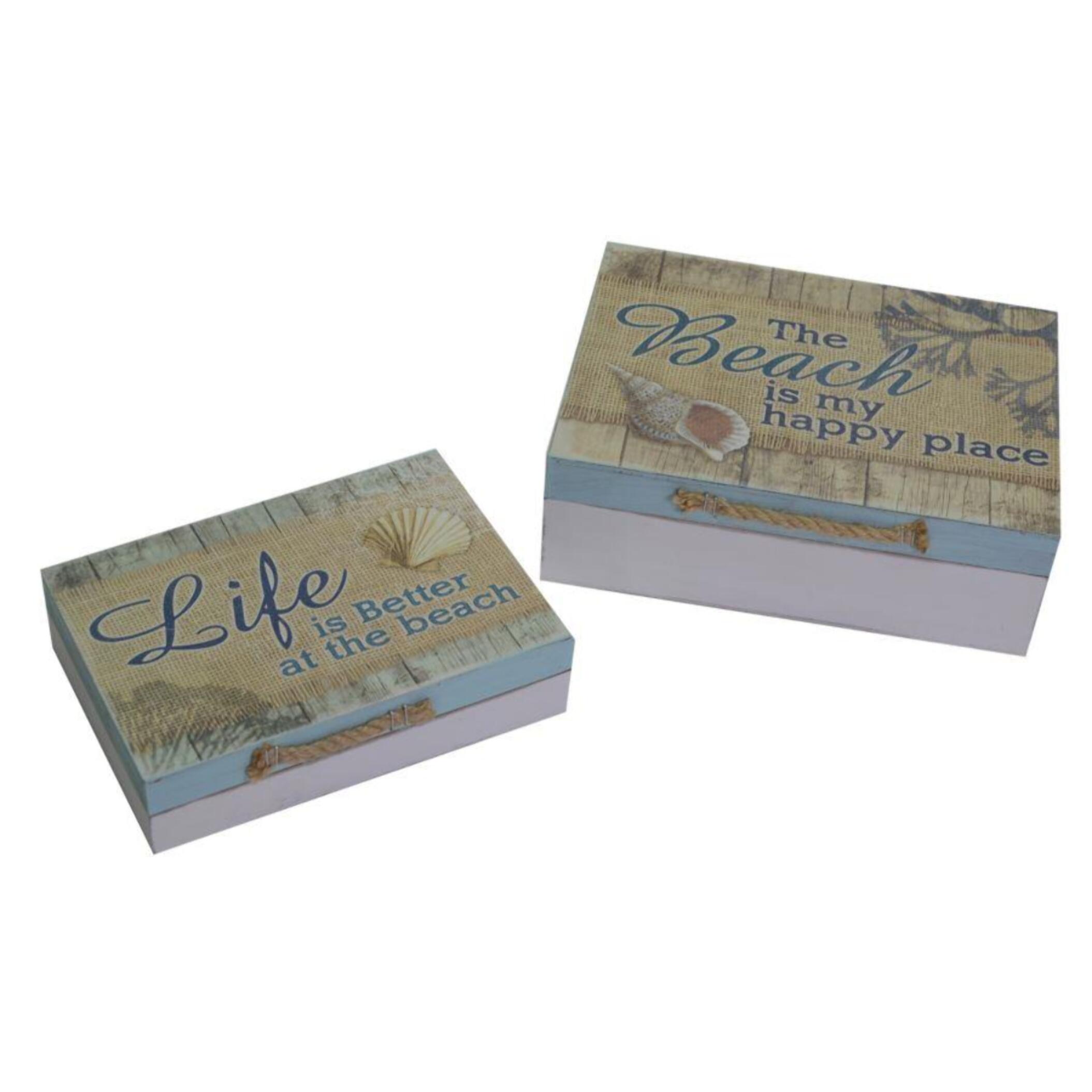 Set di 2 scatole mare in legno con conchiglia rettangolare cm24x18h8