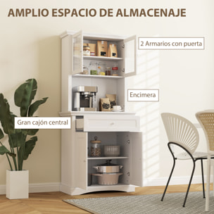 Alacena de Cocina Moderna Armario de Cocina con 1 Cajón 2 Puertas de Vidrio y Estantes Ajustables Carga 50 kg para Comedor Salón 79x40x180 cm Blanco
