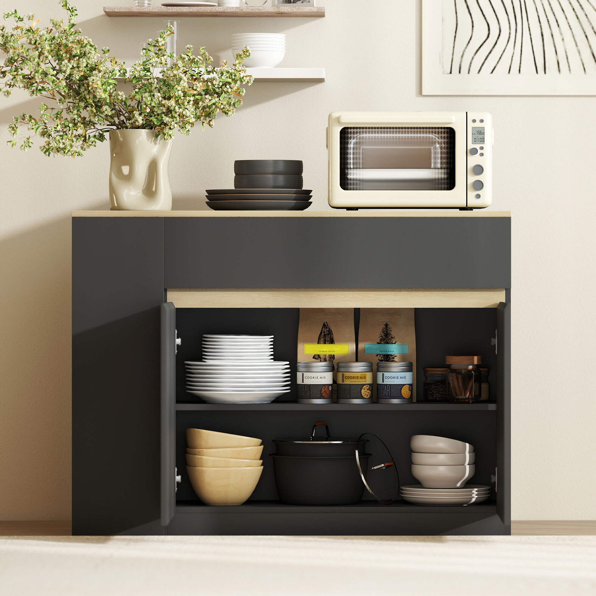 Aparador de Cocina, Armario de Cocina Estrech con 2 Cajones, 3 Estantes Abiertos, 2 Puertas, Estante Ajustable, Aparador Nórdico para Comedor, 110x29,5x82 cm, Negro