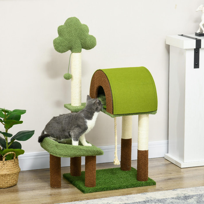 Árbol Rascador para Gatos Mediano 107 cm Torre para Gatos Centro de Actividades para Gatitos con Nido Poste de Sisal Césped Falso y Bola Colgante 49x40x107 cm Verde