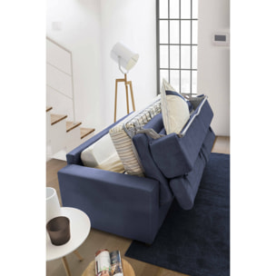 Divano Letto Alceste, Divano ad angolo, 100% Made in Italy, Sofà con apertura girevole, con Penisola contenitore Destra, con Braccioli slim, Cm 260x95h85, Blu