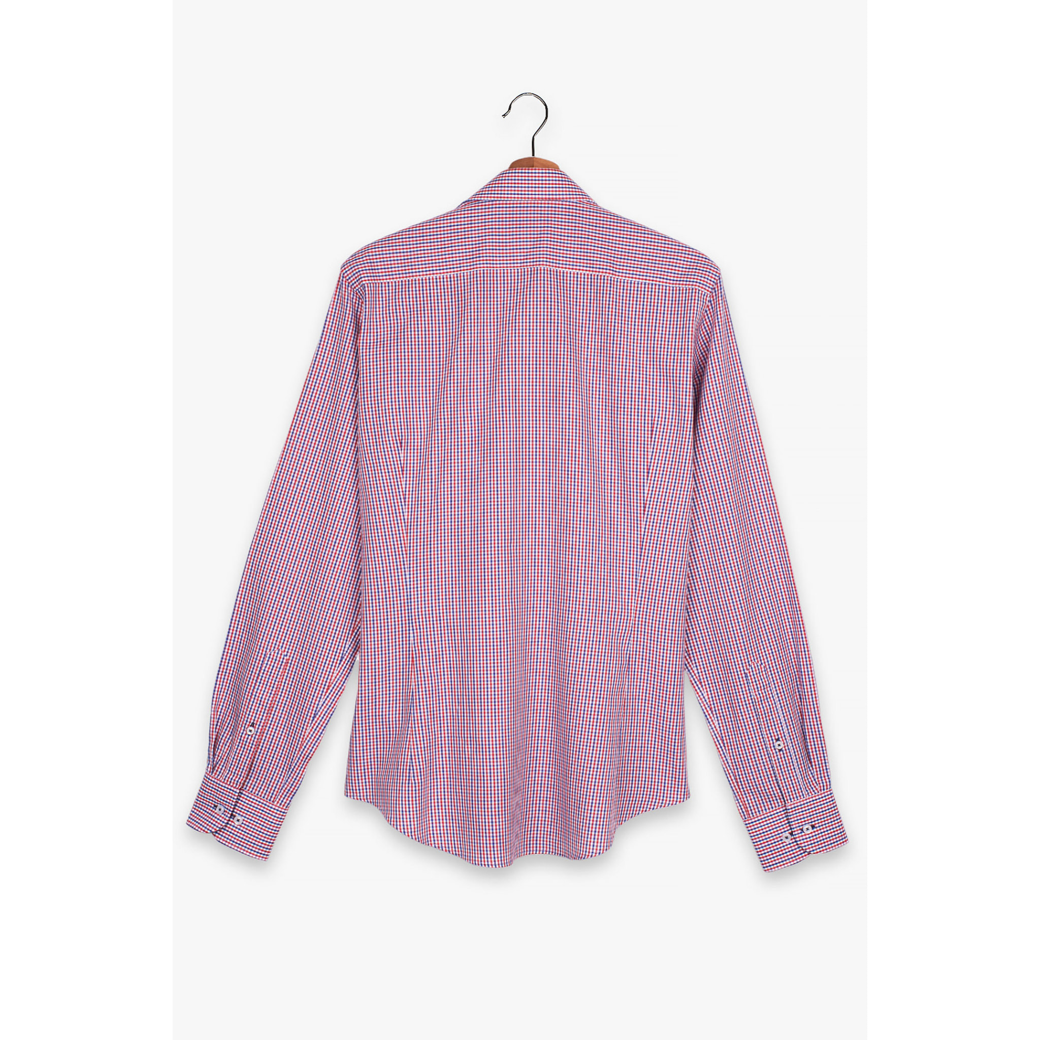 Camicia Uomo 1 Bottone Francese Slim Popeline Quadro Piccolo Blu\Rosso