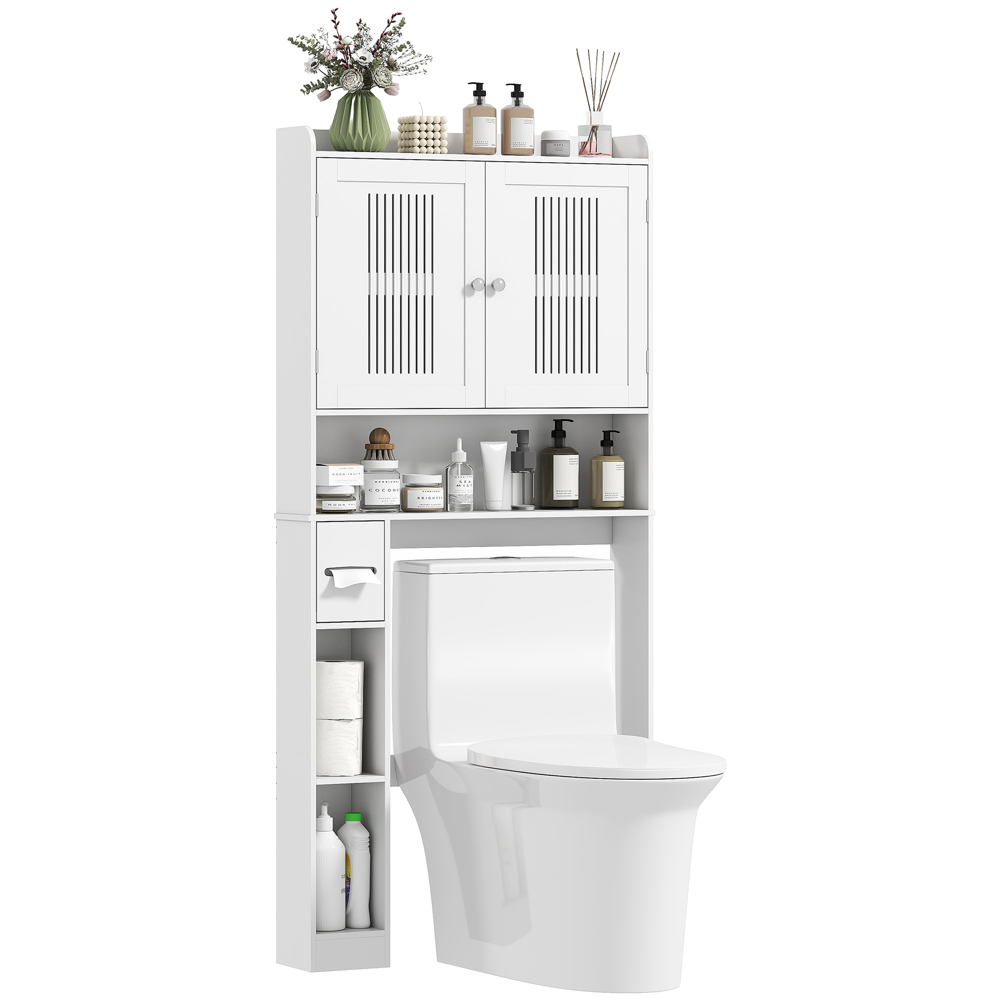 Estantería sobre Inodoro Mueble sobre Inodoro con Estante Ajustable 2 Puertas Soporte para Papel Higiénico y Estantes Abiertos Ahorra Espacio Armario para lavadora para Baño Blanco